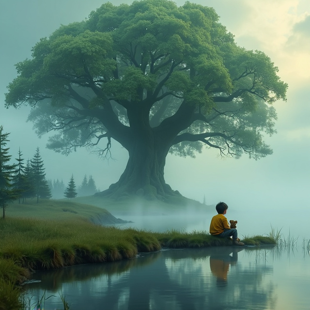 The cover features a misty mire in the foreground with a small boy sitting at the edge, holding his teddy bear. Behind them, a large mystical tree emerges from the mist, towering over the scene.