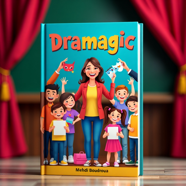 The cover features a drama teacher standing in the center, surrounded by a group of happy and smiling children. The children are holding various drama items like masks, scripts, and props. The background is a colorful classroom setting with a blackboard and theater curtains on the sides.