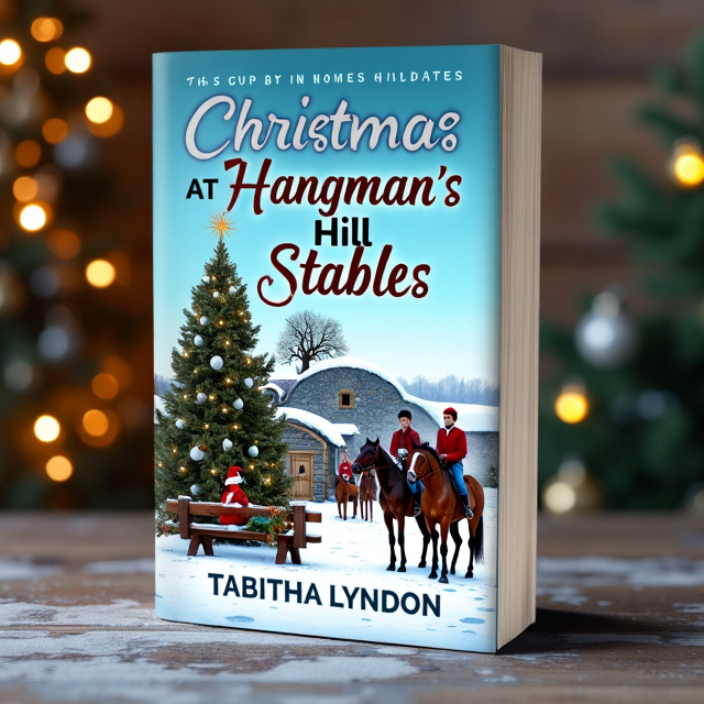 A snow-covered stone farmyard with horses and riders dressed in Christmas costumes having a party. In the background, there is a hill with an old, spooky gnarled tree on top. A decorated Christmas tree is placed in the foreground.