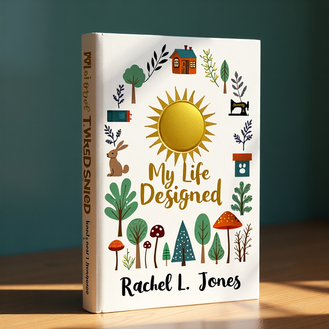 The cover features a gold sun in the center, surrounded by a border of book spines, a tiny house, a sewing machine, a rabbit, a mushroom, and trees. The elements are arranged in a circular pattern, with the sun as the focal point, and the other elements radiating outwards.