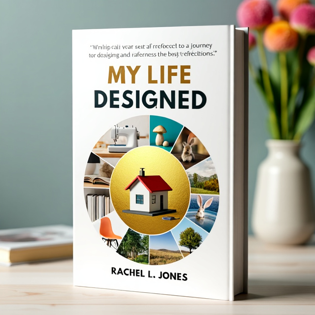 The cover features a collage of elements representing different aspects of the book. A gold circle is the central focus, symbolizing the journey of self-awareness and reflection. Inside the circle, there is a tiny house, representing the idea of designing one's life. Surrounding the circle are images of a sewing machine, books, trees, a rabbit, a mushroom, and a chair, representing the various creative and strategic elements explored in the book.