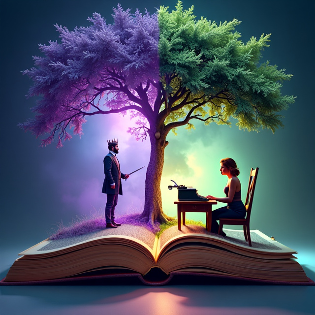 The cover features a split scene with the fantasy world on the left and the real world on the right. In the fantasy world scene, there is a prince standing in a magical forest. In the real world scene, there is a female author sitting at a desk with a typewriter. Both scenes are connected by a book that is open, with words and fantasy elements flowing out of its pages into both worlds.