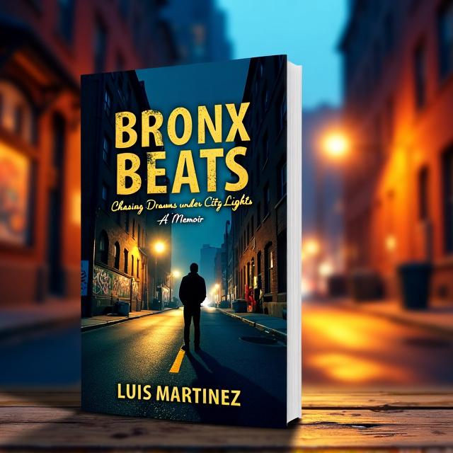 The cover features a city street at nighttime, with warm amber streetlights illuminating the scene. The street is lined with old brick buildings, some adorned with graffiti. In the foreground, a blurred silhouette of a figure suggests motion, symbolizing the journey through music and life. The cityscape fades into a mix of shadow and light in the background, representing the memories that have shaped the journey. The overall color palette consists of deep blues, blacks, and the warm amber of the streetlights.