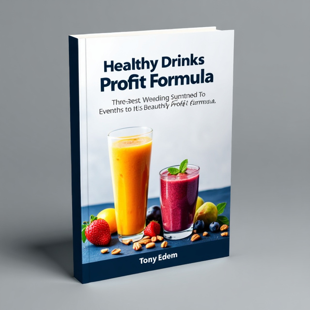 The cover features a clean and modern layout with a vertical structure. At the very top, the title "Healthy Drinks" is displayed, followed by "Profit Formula" slightly below. In the central and lower portions of the cover, two healthy drink cups - one large and one small - filled with colorful smoothies are placed in the foreground. Behind the cups, an array of fresh fruits and nuts are scattered on a navy blue surface. The background is a gradient from light gray at the top to navy blue at the bottom.