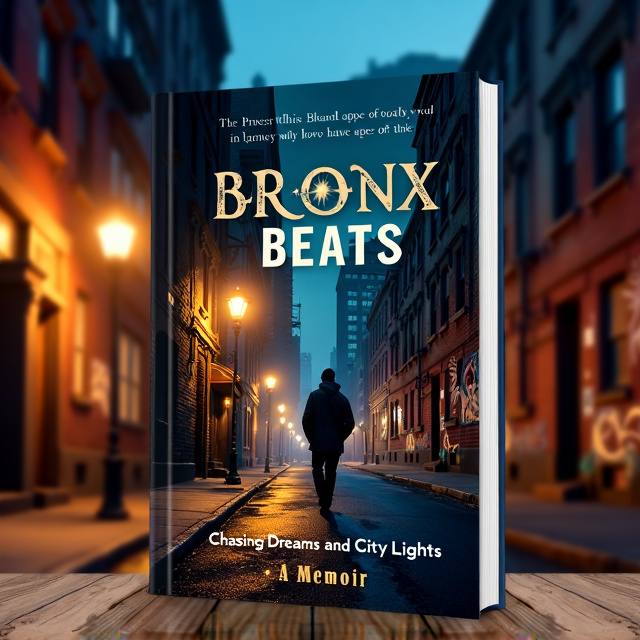 The cover features a city street at nighttime, with streetlights illuminating the scene. The street is lined with old brick buildings, some with graffiti, representing the urban roots of the Bronx. In the foreground, there is a silhouette of a figure walking down the street, symbolizing the journey through music and life. The cityscape in the background fades into a mix of shadow and light, representing the mix of memories that have shaped the journey. The overall color palette is a mix of deep blues, blacks, and warm amber tones.