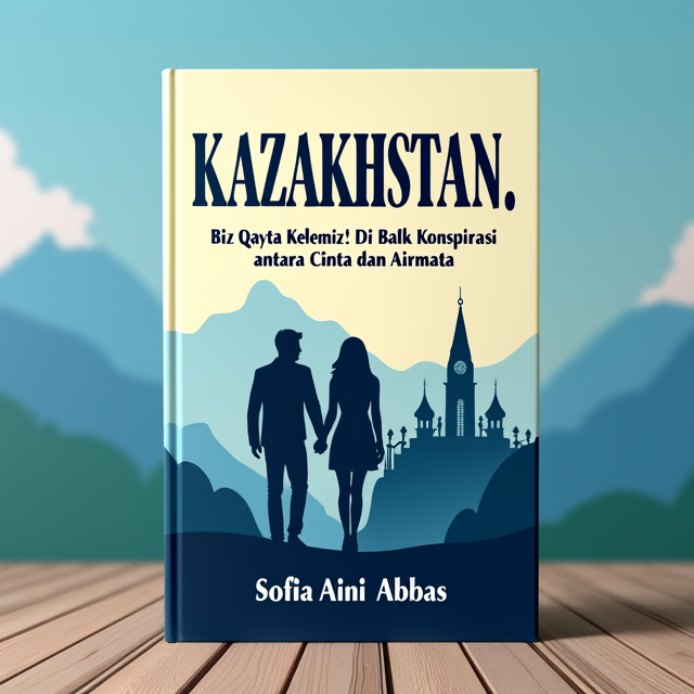 The cover features a silhouette of a couple holding hands, walking towards a beautiful architectural landmark in Kazakhstan. The background showcases the stunning natural landscapes of Kazakhstan, with mountains and a blue sky. The silhouette of the couple is slightly blurred, representing the conflicts and struggles they face in their relationship.