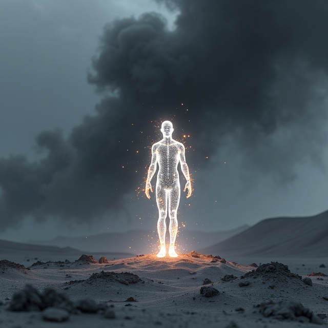 A vast gray desert landscape with distant elevations and crevices. A humanoid being of light floats above the ground, composed of luminous lines. Subtle flames radiate from its feet. The sky is a dark void with a distant blinding glow and black smoke mixing with the glow.
