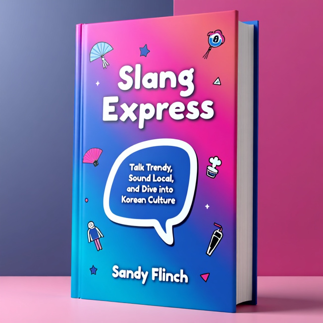 The background is a vibrant gradient of electric blue, hot pink, and purple, giving the cover a dynamic and trendy look. In the center, there is a stylish graphic of a speech bubble, representing communication and modern trends. Playful icons related to Korean culture, such as a traditional fan and a K-pop star silhouette, are scattered around the edges of the cover. The author's name is centered at the bottom in a simple, elegant font.