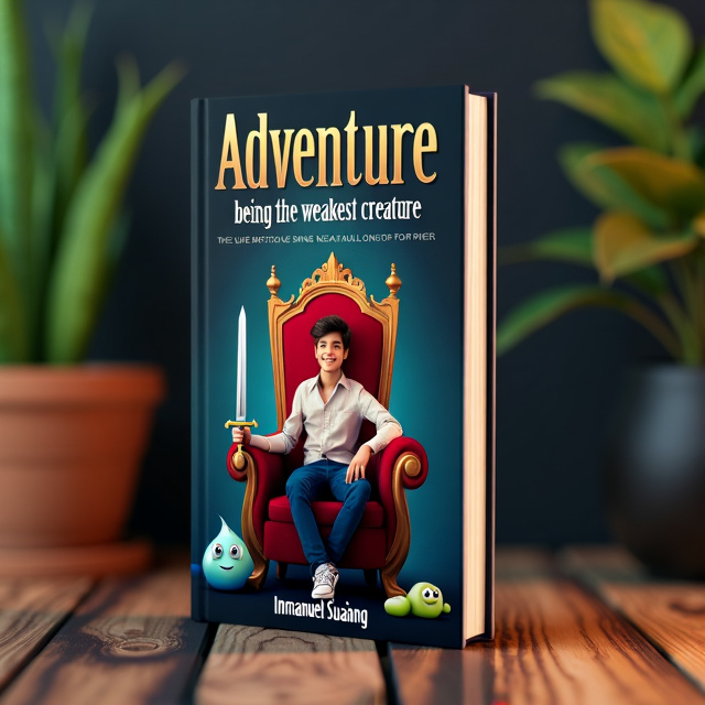 The cover features a black background with a young man seated on a royal throne. He is holding a sword and beside him is a cute slime monster. The elements are placed in a balanced and eye-catching manner.