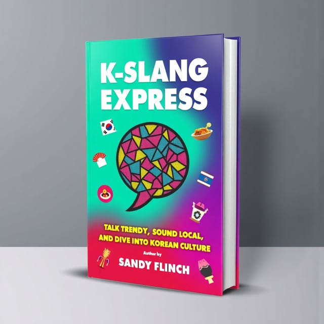 The cover features a vibrant gradient background in shades of mint, electric blue, hot pink, and purple. In the center, there is a stylish graphic of a speech bubble made up of geometric patterns, representing communication and modern trends. Scattered around the edges are small playful icons related to Korean culture, such as a traditional fan, K-pop star silhouette, and Korean dishes. The author's name, Sandy Flinch, is centered at the bottom in a simple, elegant font.