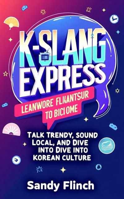 The cover features a vibrant gradient background with a blend of neon colors like electric blue, hot pink, and purple. The title "K-Slang Express" is displayed in bold, modern fonts in white, standing out against the colorful background. The subtitle "Talk Trendy, Sound Local, and Dive into Korean Culture" is placed below the title in a complementary, slightly softer font in a contrasting color. A stylish graphic of a speech bubble, representing communication and modern trends, is incorporated as a central image. Small, playful icons related to Korean culture, like a traditional fan, a K-pop star silhouette, or a Korean dish, are scattered around the edges or integrated subtly into the background. The author's name, Sandy Flinch, is centered at the bottom of the cover in a simple, elegant font.