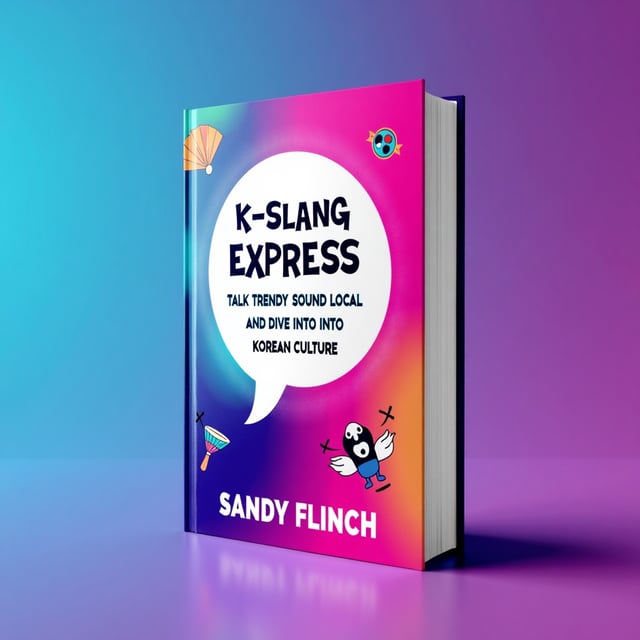 The cover features a vibrant gradient background with a blend of neon colors like electric blue, hot pink, and purple. The title "K-Slang Express" is displayed in bold, modern fonts in white, standing out against the colorful background. The subtitle "Talk Trendy, Sound Local, and Dive into Korean Culture" is placed below the title in a complementary, slightly softer font in a contrasting color. A stylish graphic of a speech bubble, representing communication and modern trends, is incorporated as a central image. Small, playful icons related to Korean culture, like a traditional fan, a K-pop star silhouette, or a Korean dish, are scattered around the edges or integrated subtly into the background. The author's name, Sandy Flinch, is centered at the bottom of the cover in a simple, elegant font.