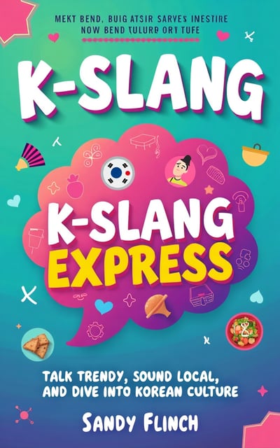 The cover features a vibrant gradient background in shades of mint, electric blue, hot pink, and purple. In the center, there is a stylish graphic of a speech bubble made up of geometric patterns, representing communication and modern trends. Scattered around the edges are small playful icons related to Korean culture, such as a traditional fan, K-pop star silhouette, and Korean dishes. The author's name, Sandy Flinch, is centered at the bottom in a simple, elegant font.
