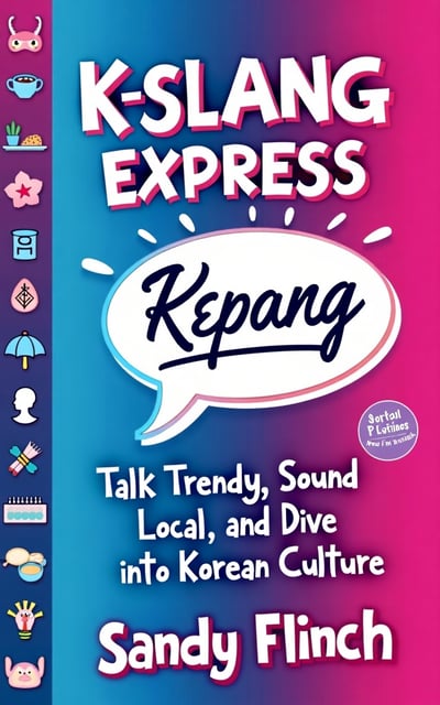The cover features a vibrant gradient background in neon colors of electric blue, hot pink, and purple. A stylish graphic of a speech bubble is positioned at the center, representing communication and modern trends. Playful icons related to Korean culture, like a traditional fan, a K-pop star silhouette, and Korean dishes, are scattered around the edges for added visual interest.
