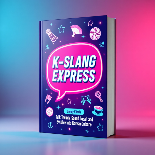 The cover features a vibrant gradient background in neon colors of electric blue, hot pink, and purple. A stylish graphic of a speech bubble is positioned at the center, representing communication and modern trends. Playful icons related to Korean culture, like a traditional fan, a K-pop star silhouette, and Korean dishes, are scattered around the edges for added visual interest.