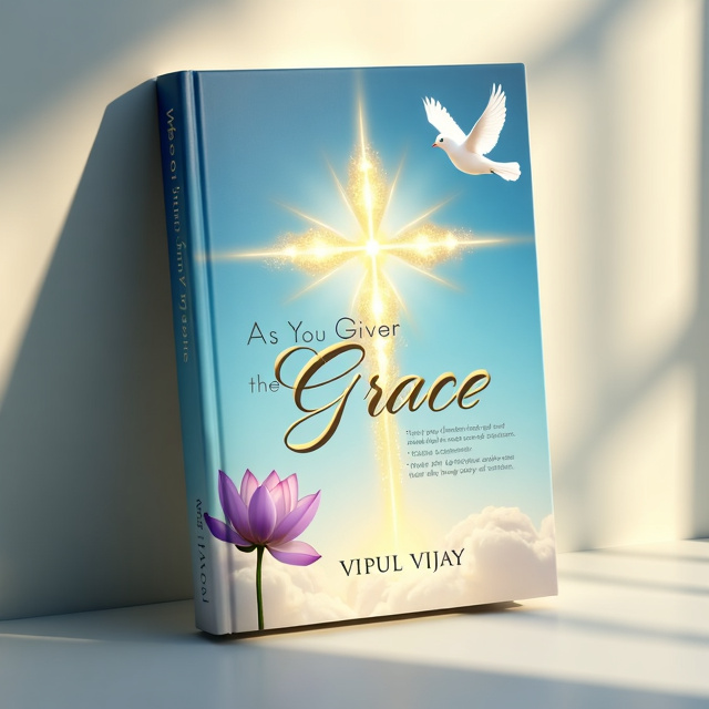 The cover features a soft blue background with a gradient effect, transitioning into a creamy white at the bottom. In the center, there is a delicate cross made of golden light, radiating divine energy. On the top left corner, there is a gentle purple lotus flower, symbolizing spiritual enlightenment. On the top right corner, a white dove is gracefully flying, representing peace and the presence of the Holy Spirit.