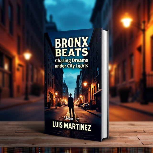 The cover features a city street at nighttime, with streetlights casting a warm glow on the old brick buildings. In the foreground, a silhouette of a figure suggests movement, symbolizing the journey through music and life. The cityscape in the background fades into a mix of shadow and light, representing the memories that have shaped the journey. The overall color palette consists of deep blues, blacks, and warm amber tones.