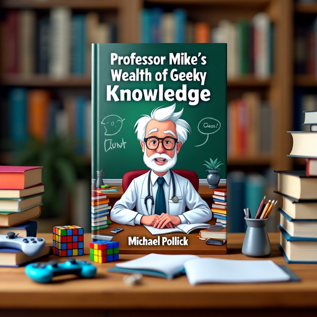 The cover features a white-haired college professor sitting behind a cluttered desk filled with books. The professor is surrounded by various geeky items, such as comic books, video game controllers, and a Rubik's cube. A chalkboard behind him reads "Professor Mike's Wealth Of Geeky Knowledge.".