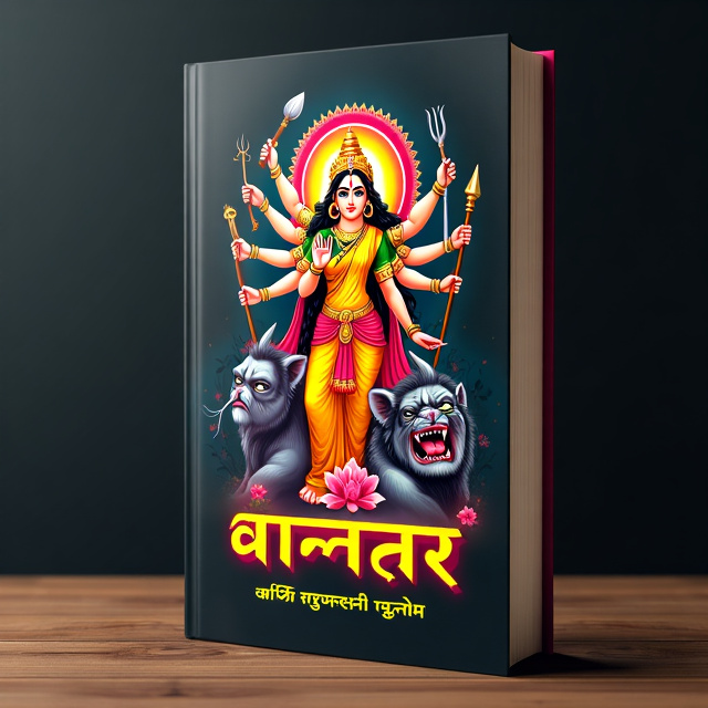 The cover features a vibrant and powerful image of Goddess Durga in the center, adorned in a yellow and red dress, holding weapons in her multiple arms. The background is black, symbolizing the elimination of evil. In the lower part of the cover, there is an image of an evil Asur being defeated by the goddess. The cover also includes an image of the kash flower, representing purity and beauty.
