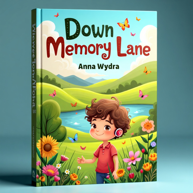 A whimsical illustrated book cover with a picturesque landscape. The landscape features a colorful sky with fluffy clouds, rolling green hills, and a meandering river. In the foreground, a young boy with curly brown hair and hearing aids is depicted exploring the world with wonder and curiosity. He is surrounded by vibrant flowers, butterflies, and other elements of nature. The overall style is bright, cheerful, and captivating.