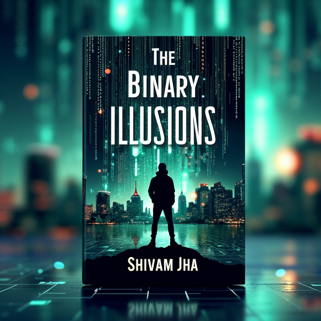 A silhouette of a figure standing against a background of cascading binary code, with glitch effects and pixelated fragments suggesting illusions and hidden truths. The city skyline is merged with digital patterns, circuit lines, and glowing data streams, symbolizing the convergence of the real and cyber world. The color scheme is dark and moody, with shades of blue, green, and hints of neon, creating a sense of mystery and intrigue.
