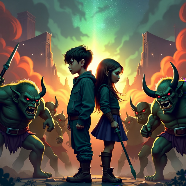 A dynamic and action-packed scene of a Human boy and an orc girl standing back to back, surrounded by a horde of angry goblins. The characters are in the foreground, while the goblins loom in the background, creating a sense of danger and impending conflict.