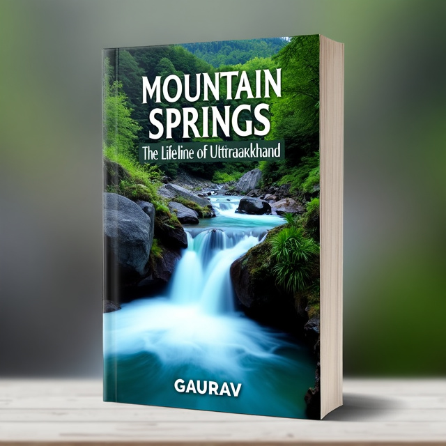 The cover features a stunning image of a natural spring, with crystal-clear water flowing out of rocks and surrounded by lush greenery. The image is placed in the center of the cover, taking up the majority of the space. The title of the book "Mountain Springs The Lifeline of Uttarakhand" is placed at the top of the cover, in bold and elegant typography. The author's name "Gaurav" is placed at the bottom of the cover, in a smaller and more subtle font.