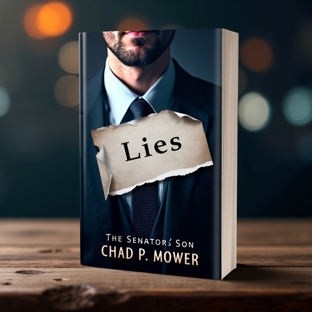 The cover features a close-up image of a man in a suit, partially obscured by a torn piece of paper with the word "Lies" written on it. The torn edges of the paper create a sense of urgency and intrigue. The background is dark and mysterious, with subtle hints of city lights in the distance.