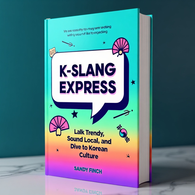 The background is a vibrant gradient of electric blue, hot mint, and purple, creating a dynamic and trendy atmosphere. A stylish speech bubble graphic is placed at the center, representing communication and modern trends. Playful icons related to Korean culture, like a traditional fan and a K-pop star silhouette, are scattered around the edges, enhancing the overall design.