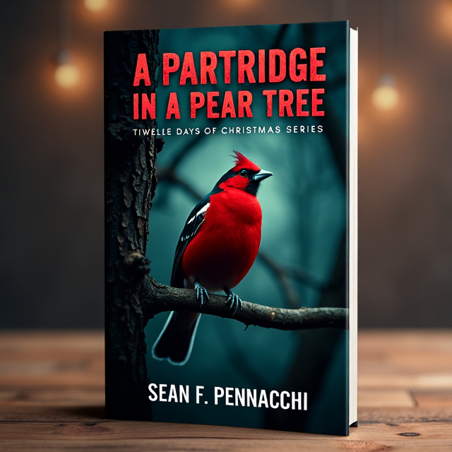 The cover features a dark background with a close-up image of a red partridge perched on a branch of a pear tree, with a mysterious figure lurking in the shadows. The composition creates a sense of suspense and intrigue.