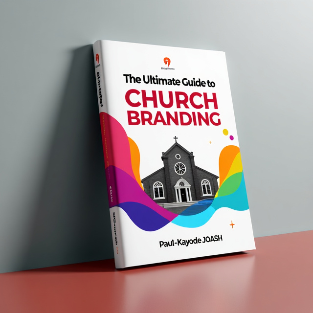 The cover features a modern and sleek design. It includes a vibrant and colorful abstract background with geometric shapes that symbolize movement and energy. In the center, there is an image of a church building, representing the book's focus on branding for churches. The title is displayed prominently at the top, with the author's name appearing below the image.