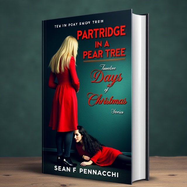 The cover features a tall blonde woman, dressed in a red coat, leaning over a woman with black hair who has been strangled by a bright red ribbon. The scene is set in a dimly lit room with the words "On The First Day of Christmas" written on the wall in bold red letters. The overall visual style is dark and mysterious, representing the thriller and suspense genre.