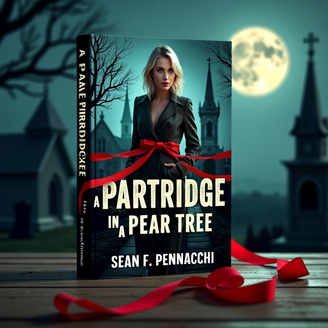 The cover features a blonde detective in the foreground, holding a red ribbon in her hand. Behind her is a church graveyard, with a moonlit sky. The naked and dead body of a woman with black hair is lying on the ground. The overall tone is dark and mysterious, with a sense of tension and suspense.