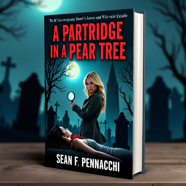 A blonde detective in the foreground, holding a magnifying glass, looking towards the reader with a determined and intense expression. Behind her is a church graveyard, with eerie tombstones and a moonlit sky. A lifeless body of a woman with raven black hair lies on the ground, a red ribbon tied around her neck. The overall tone is dark and mysterious, with a sense of adventure and suspense.