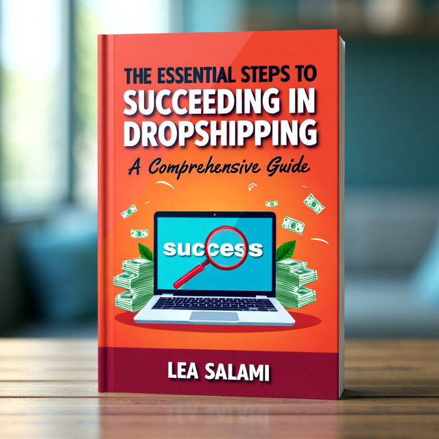 The cover features a vibrant and eye-catching image of a successful dropshipping website on a laptop screen. Surrounding the laptop are stacks of money and a magnifying glass highlighting the word "success" on the laptop screen.