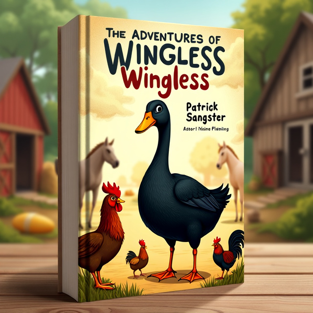 The cover features a whimsical hand-drawn farmyard scene with a vintage feel. The main focus is on a tall black duck with an orange beak, who appears happy and playful. The duck is surrounded by chickens, a rooster, and a shire horse, all of which are depicted in a naturalistic style. The scene is bathed in warm sunlight, with trees and a hayshed in the background.