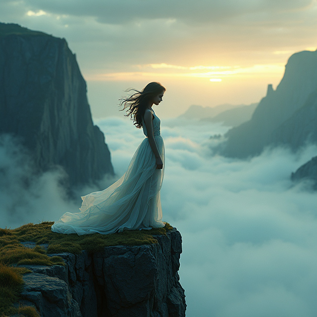 The cover features a solitary girl standing on a cliff overlooking a misty landscape. She is dressed in a flowing gown, with her hair blowing in the wind. The atmosphere is mysterious, with hints of magic and fantasy.