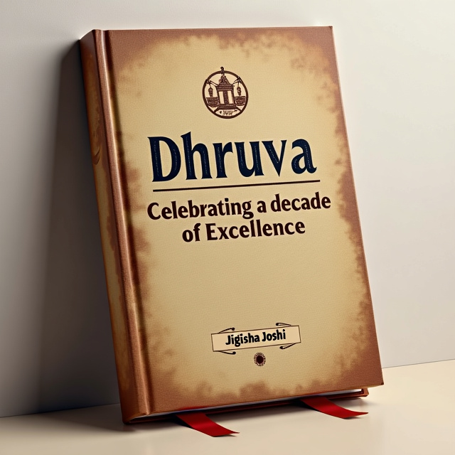 The cover features a vintage-looking thick book with a worn-out leather texture. The title "Dhruva" is prominently displayed in a bold and ornate font, while the subtitle "Celebrating a decade of Excellence" is written in a more minimalist and modern style. On the top left corner, a vintage tax symbol is elegantly incorporated, adding a touch of authenticity. The overall design is clean and classic, with an emphasis on the importance of tax and regulatory matters.