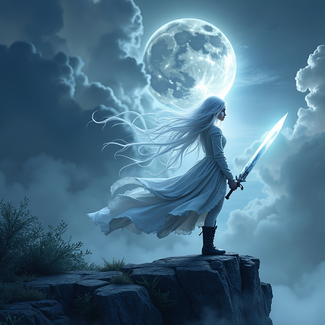 A girl with long flowing white hair stands on a rocky cliff, holding a gleaming silver blade in her hand. The background is a cinematic scene with dramatic clouds swirling in shades of blue and gray.