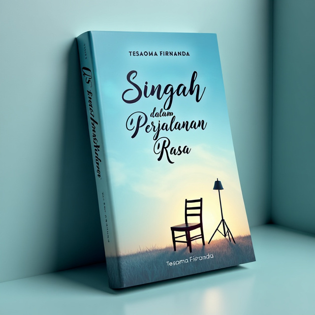 The cover features a soft and elegant blue sky background. In the center, there is a chair with a lamp, symbolizing a place to pause and reflect. The title "Singgah dalam Perjalanan Rasa" is placed above the chair in an elegant and flowing font, while the author's name "Tesaoma Firnanda" is placed below the chair in a clean and modern font.