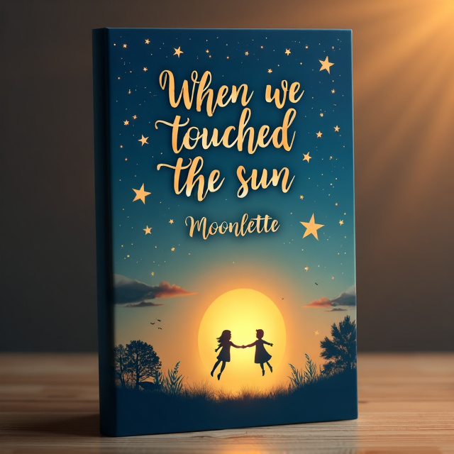 The cover features a dreamy and fantastical scene with a girl and boy falling from the sky, reaching out towards the sun. The background is a gradient of deep blue and golden hues, representing the tragic theme of the book. Stars are scattered across the sky, adding a touch of mystery and romance.