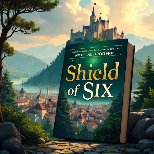 The foreground of the cover presents an old bustling city with medieval architecture. Behind the city stretches a dense forest with lush greenery and ancient trees. Dominating the skyline is a majestic castle situated atop a steep hill behind the forest, with towers reaching towards the sky.