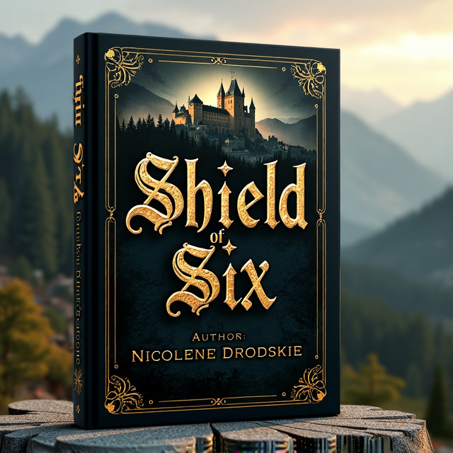 The cover features a medieval city in the foreground, with a dense forest behind it. A majestic castle is situated on a hill behind the forest, with its towers reaching towards the sky. The color scheme is predominantly black and gold, giving the cover a regal and mysterious feel.