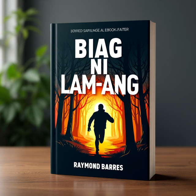 The cover features a dramatic illustration of a dark silhouette of a man running through a forest, with an intense burst of bright orange and yellow colors emanating from behind him. The title, "BIAG NI LAM-ANG," is displayed prominently in bold white letters against the vibrant background, while the author's name, Raymond Barres, appears in a sleek and modern font at the bottom of the cover.