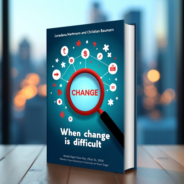 The cover features a blurred image of a city skyline in the background, symbolizing a changing environment. In the foreground, there is a magnifying glass with the book title inside it, representing a closer examination of change. The magnifying glass is surrounded by icons representing different aspects of change management, such as arrows, gears, and puzzle pieces.