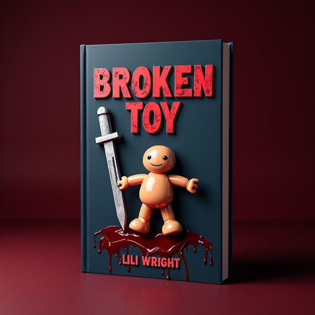 The background is a dark burgundy color, evoking a sense of mystery and darkness. In the center, there is a broken toy, symbolizing the broken hearts and shattered dreams in the story. Blood is dripping down from the toy, representing the pain and heartache experienced by the characters. A silver dagger is placed next to the broken toy, adding an element of danger and intrigue.