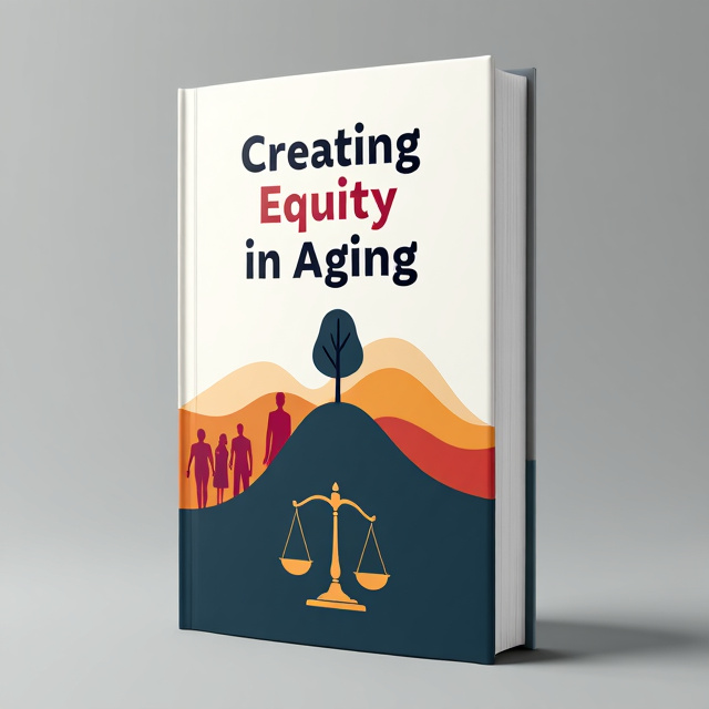 The cover features a hill in the background, symbolizing the journey of aging. A tree stands tall on the hill, representing growth and strength. At the bottom of the hill, there is a scale, symbolizing the theme of equity and balance. The cover incorporates images of diverse individuals to represent the aging population and highlight the importance of inclusivity and diversity. The overall visual style is minimalist, using clean lines and silver tones to convey a sense of sophistication and maturity.