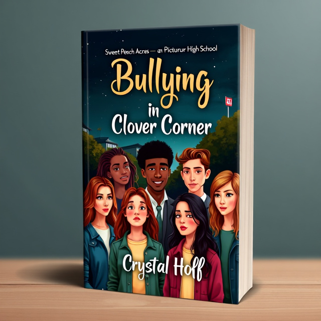 The cover features an illustration of Sweet Peach Acres, a picturesque high school in Clover Corner. In the foreground, we see a group of diverse teenagers, each with a different expression on their faces – some sad, some happy, and some in deep reflection. The backdrop is filled with black and gold colors, representing the contrasting emotions of the story.