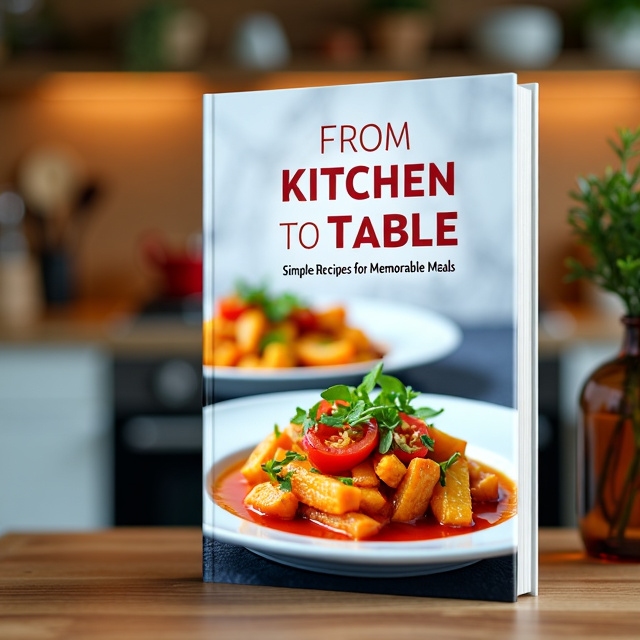 The cover features a vibrant and inviting image of a beautifully plated dish in the foreground, with a blurred background of a cozy kitchen setting. The title is placed prominently at the top, with a simple and clean font. The subtitle is positioned beneath the title, in a slightly smaller font size.