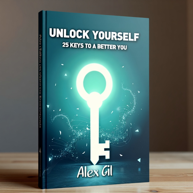 The cover features a prominent key symbol in the center, glowing with a soft light. Surrounding the key symbol are delicate, abstract geometric shapes and waves, symbolizing personal growth and the unlocking of different aspects of life. The background is a gradient that transitions from deep blue at the bottom to light turquoise at the top, representing progress and transformation. Subtle image of a door opening is incorporated, suggesting new opportunities.